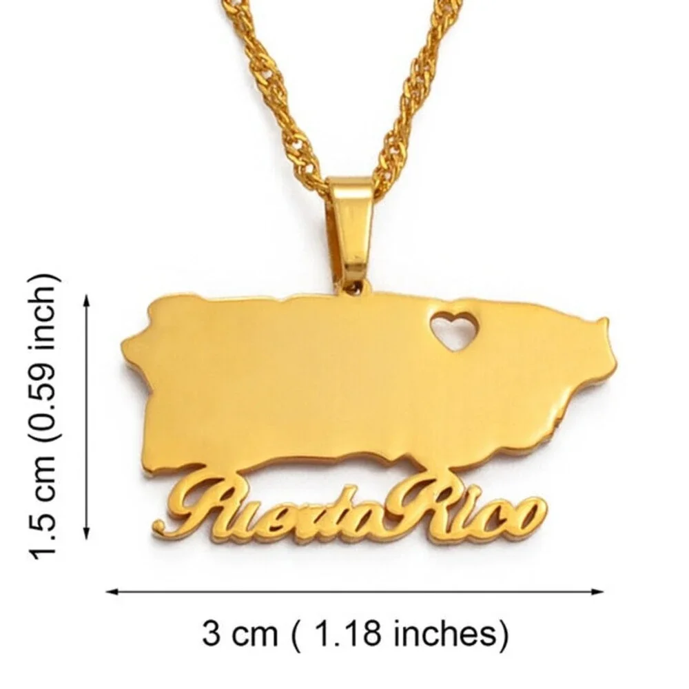 Heart Puerto Rico Map Pendant Necklaces Gold
